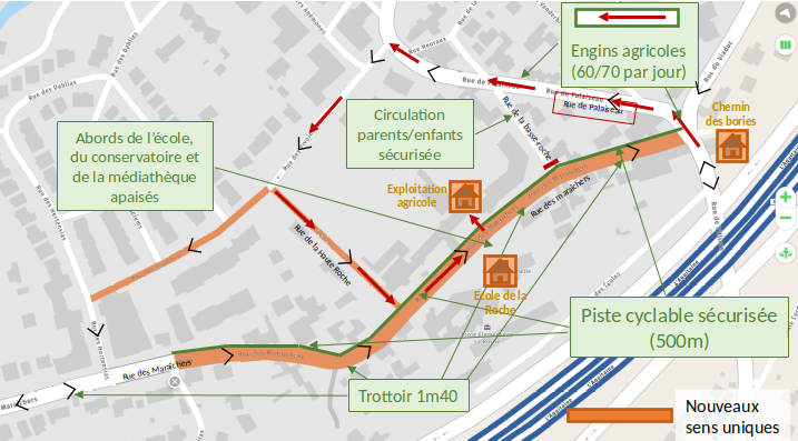 Plan avec sens unique et piste cyclable